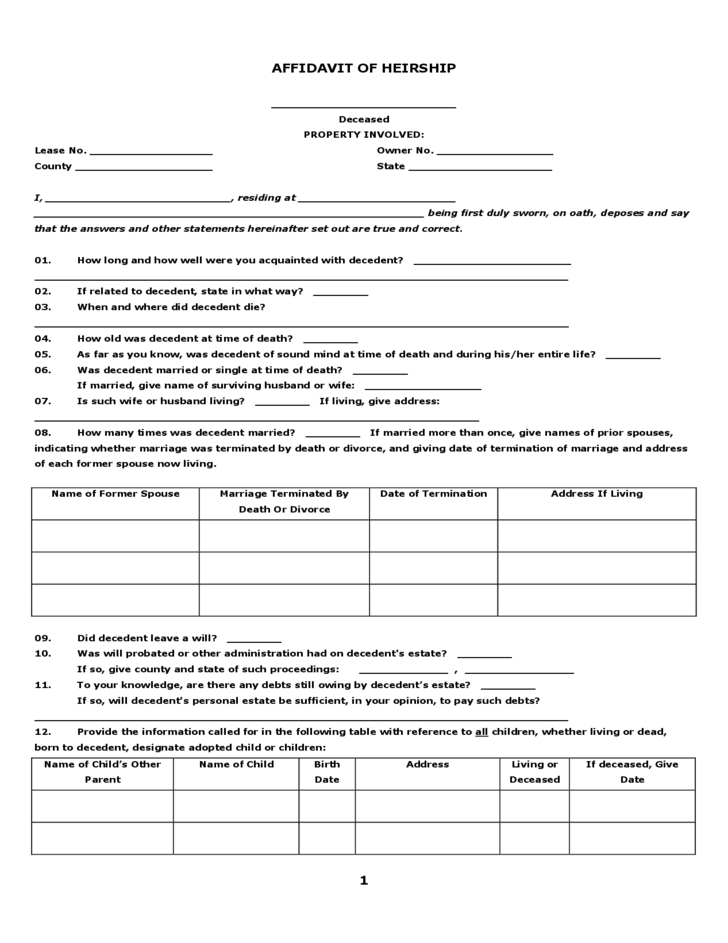 Blank Affidavit Of Heirship Form Free Download
