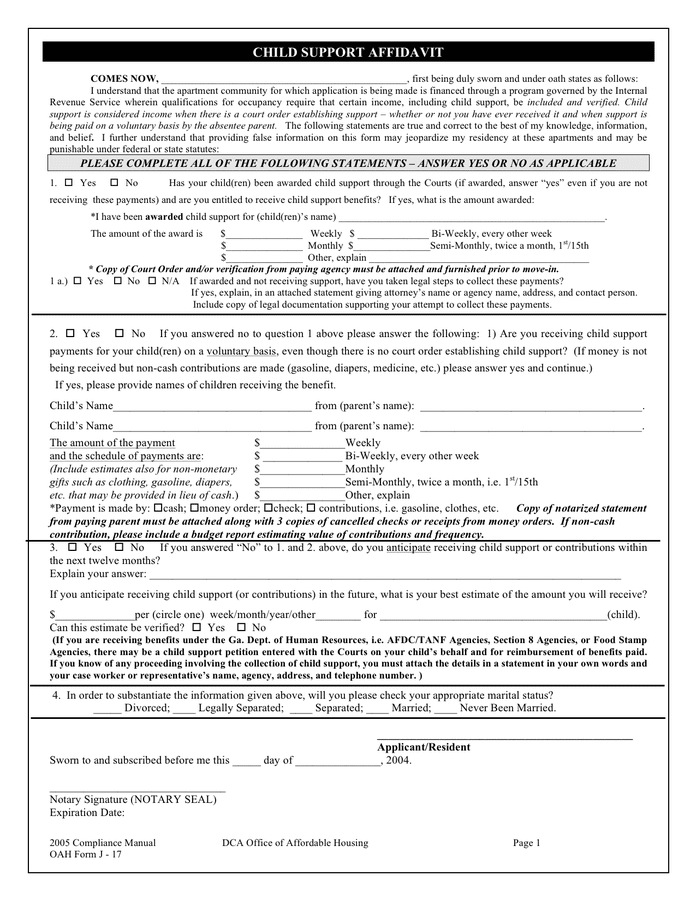 Child Support Affidavit Template In Word And Pdf Formats