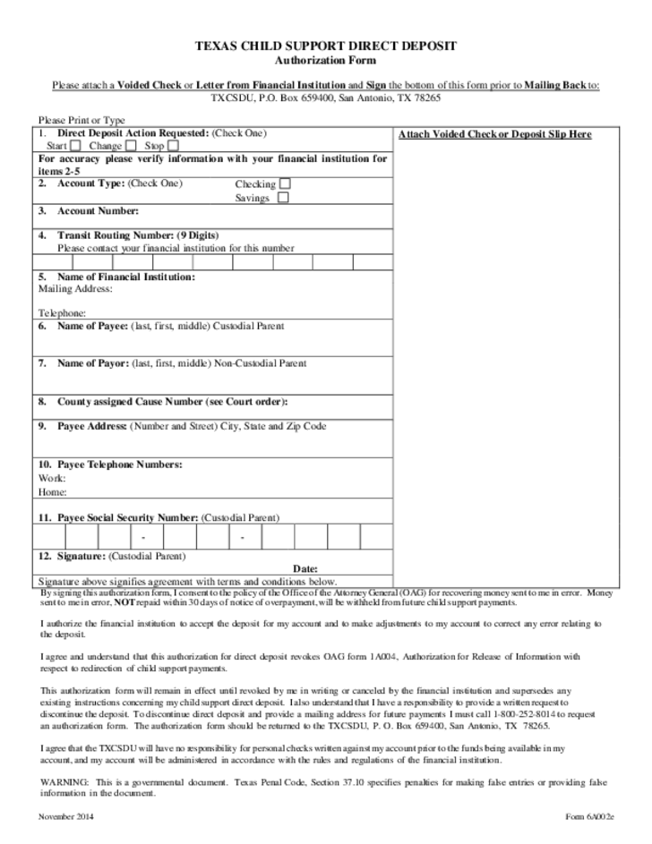 Child Support Direct Deposit Authorization Form Texas Free Download