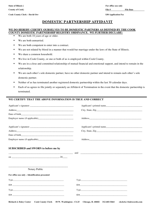 Cook County Illinois Domestic Partnership Affidavit Form Download 