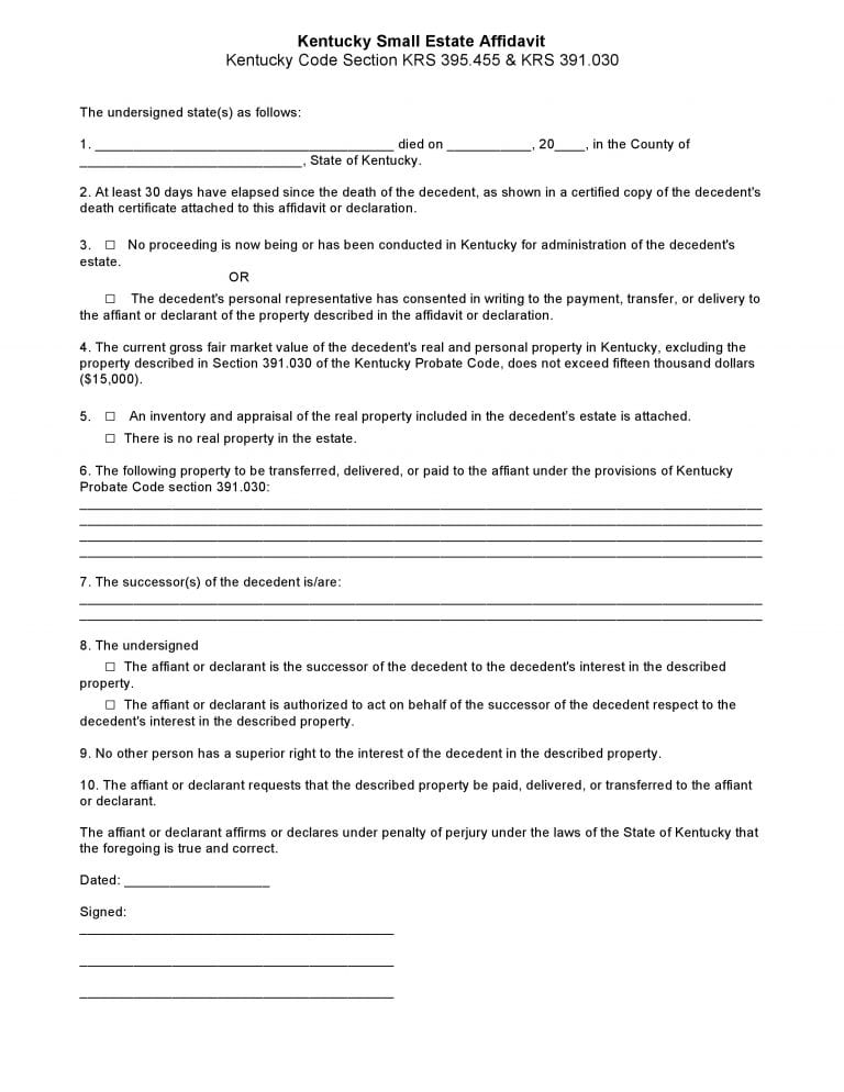 Download Free Kentucky Small Estate Affidavit Form Form Download