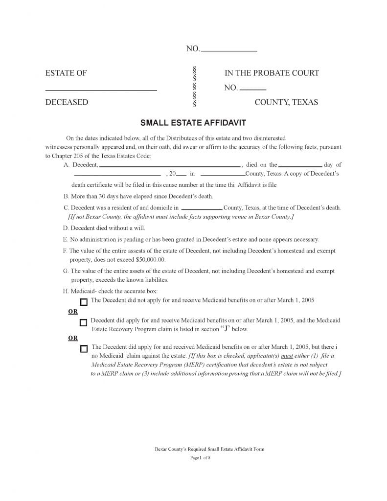 Download Free Texas Bexar County Small Estate Affidavit Form Form