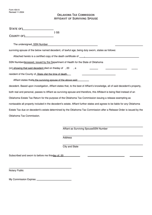 Fillable Form 454 A Oklahoma Tax Commission Affidavit Of Surviving 