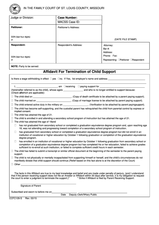 Fillable Form Ccfc129 S Affidavit For Termination Of Child Support 