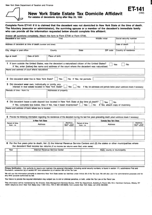 Fillable Form Et 141 New York State Estate Tax Domicile Affidavit 