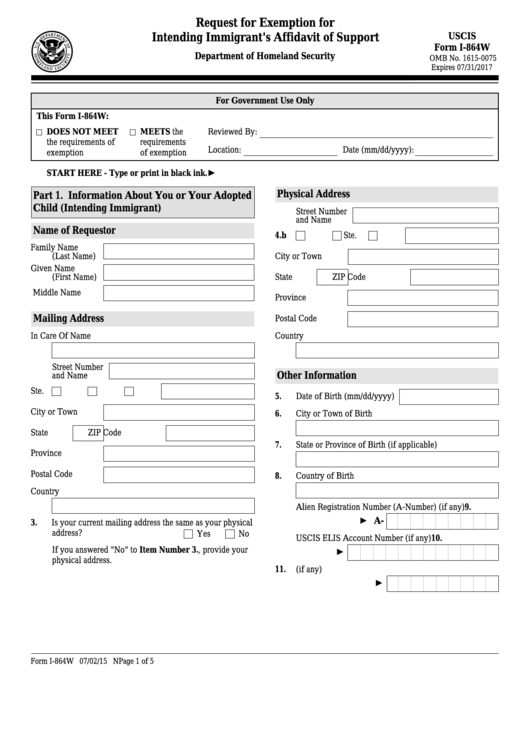 Fillable Form I 864w Request For Exemption For Intending Immigrant S 