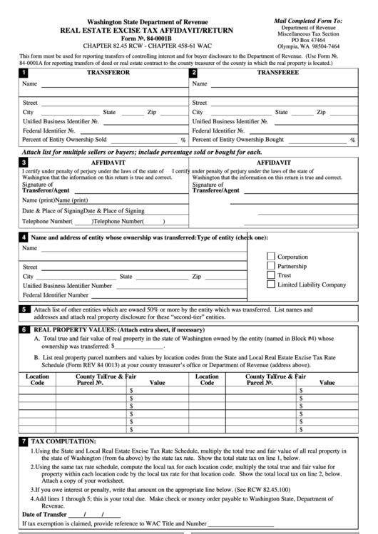 Fillable Form Rev 84 0001b Real Estate Excise Tax Affidavit return 