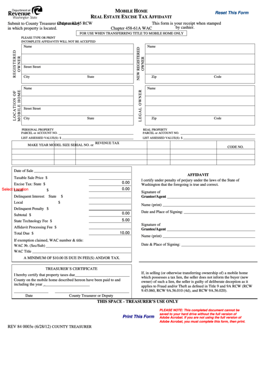 Fillable Form Rev 84 0003e Mobile Home Real Estate Excise Tax 