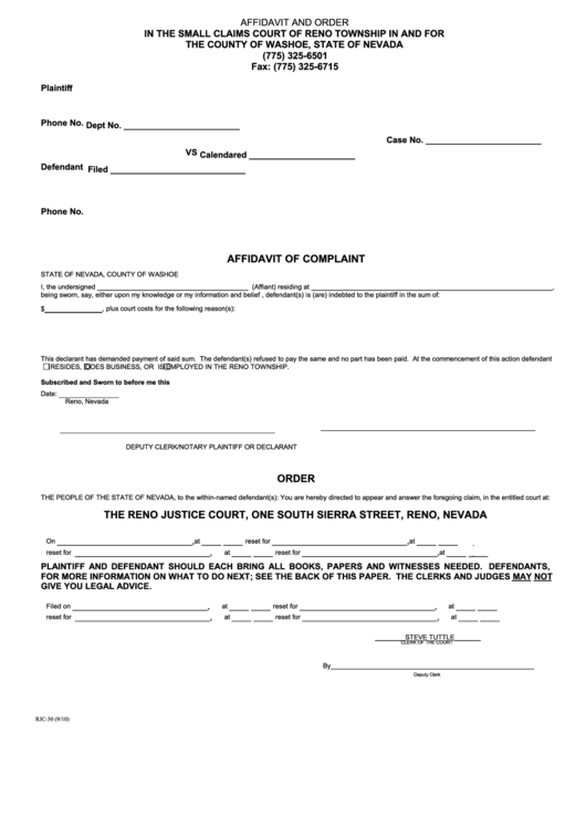 Fillable Form Rjc 30 Small Claims Affidavit And Order Form September 