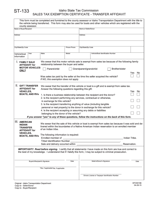 Fillable Form St 133 Sales Tax Exemption Certificate Transfer 