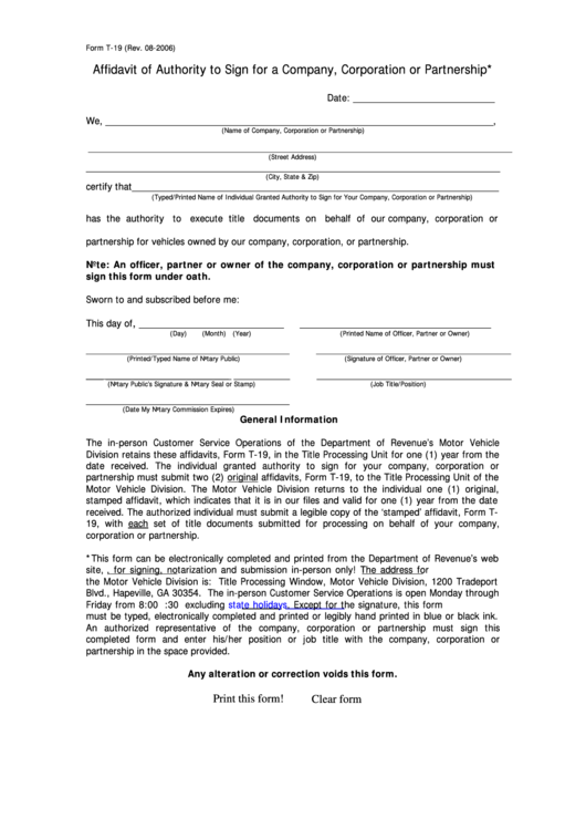 Fillable Form T 19 Affidavit Of Authority To Sign For A Company 