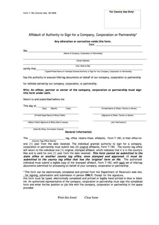 Fillable Form T 19c Affidavit Of Authority To Sign For A Company 