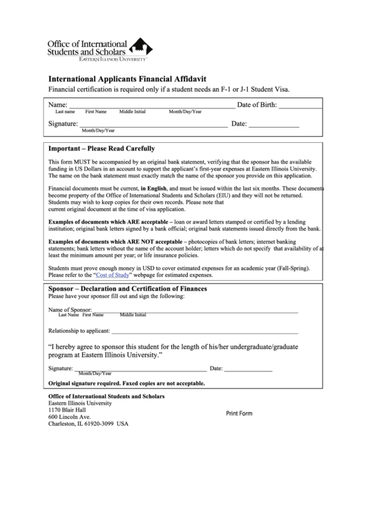 Fillable International Applicants Financial Affidavit Form Printable 