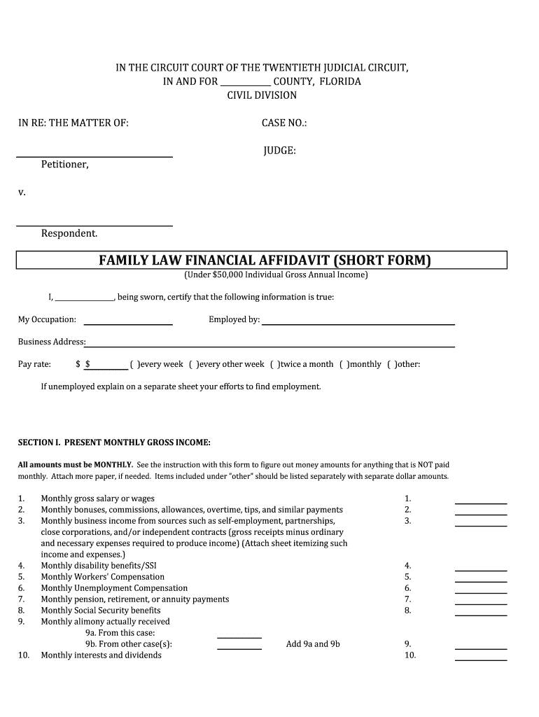 Fillable Online Pasco County Financial Affidavit Short Form Fax Email 