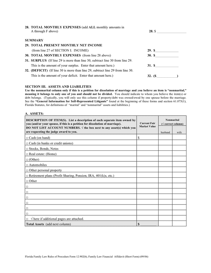 Florida Family Law Financial Affidavit short Form In Word And Pdf 
