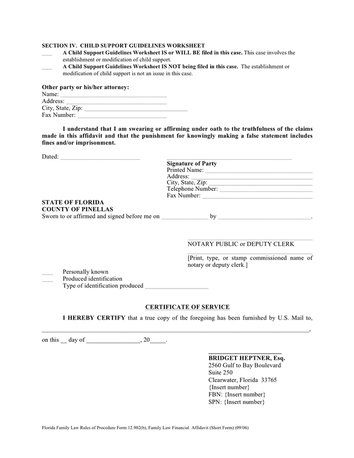 Florida Family Law Financial Affidavit short Form In Word And Pdf 