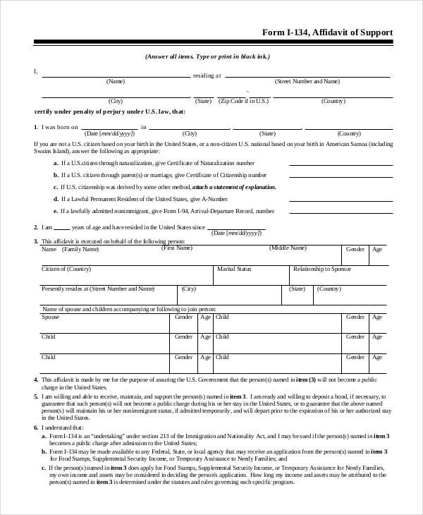 Form 1 34 Affidavit Of Support 2022 PrintableAffidavitForm