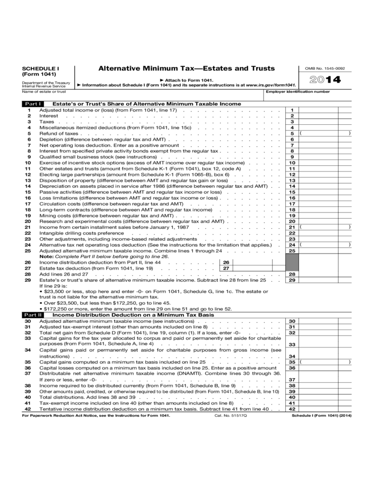 Form 1041 Schedule I Alternative Minimum Tax Estates And Trusts 