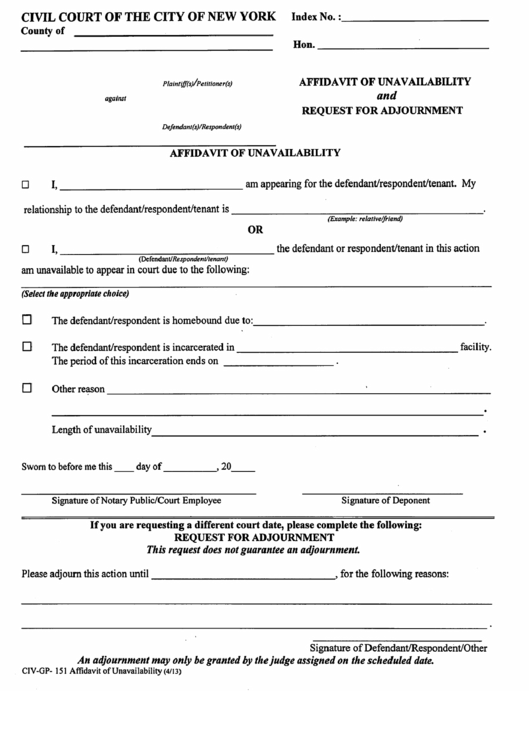 Form Civ Gp 151 Affidavit Of Unavailability And Request For 