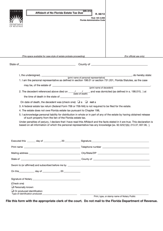 Form Dr 312 Affidavit Of No Florida Estate Tax Due 2013 Printable 