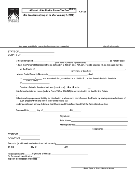 Form Dr 312 Affidavit Of No Florida Estate Tax Due With Instructions 