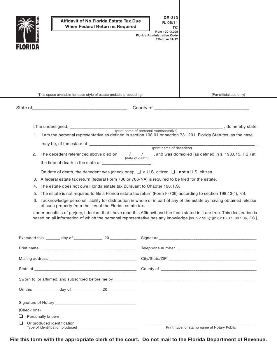 Form DR 313 Download Printable PDF Or Fill Online Affidavit Of No