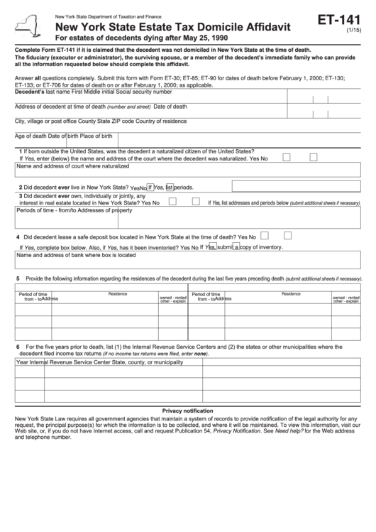Form Et 141 New York State Estate Tax Domicile Affidavit Printable 