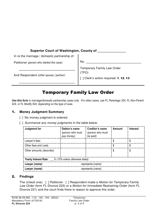 Form FL Divorce224 Download Printable PDF Or Fill Online Temporary 