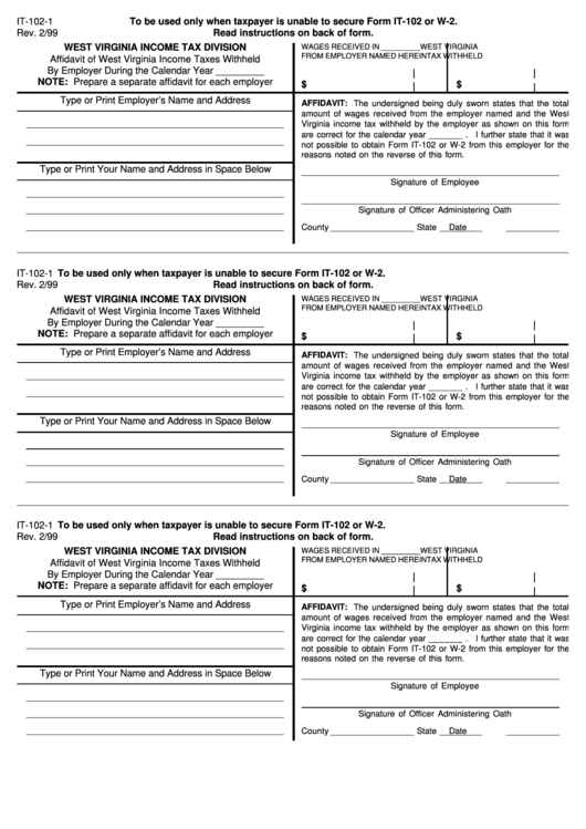 Form It 102 1 Affidavit Of West Virginia Income Taxes Withheld By