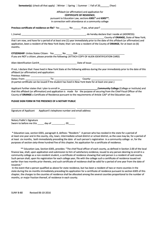 Form Suny B 80 Affidavit Or Affirmation And Application For 