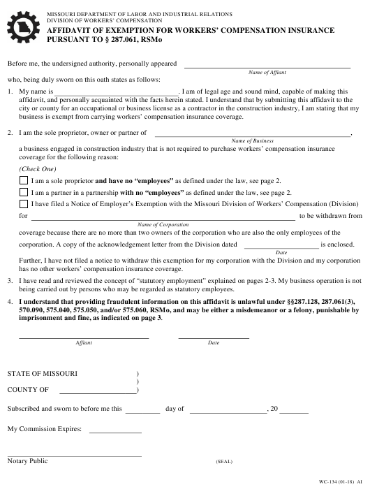 Form WC 134 Download Fillable PDF Affidavit Of Exemption For Workers 