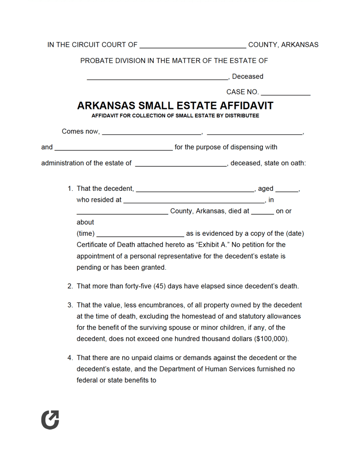 Free Arkansas Small Estate Affidavit Form PDF WORD