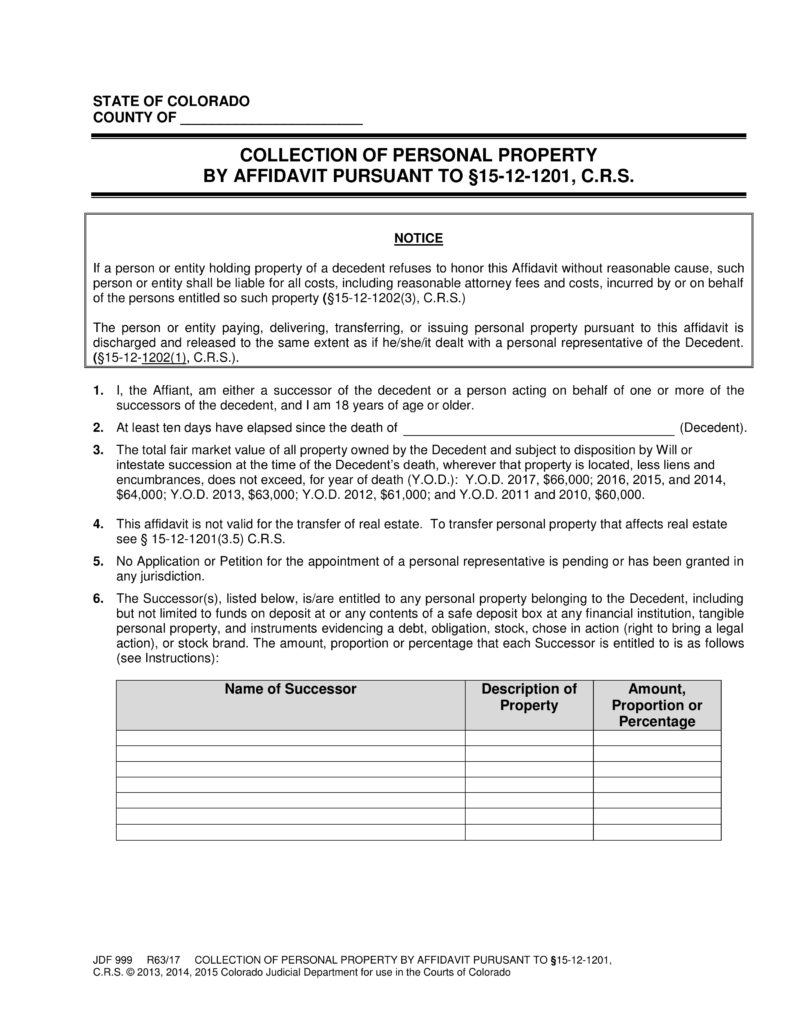 Free Colorado Small Estate Affidavit Form JDF 999 PDF EForms
