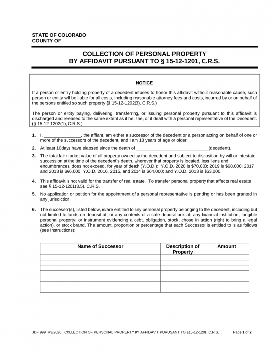 Free Colorado Small Estate Affidavit Form JDF 999 PDF EForms