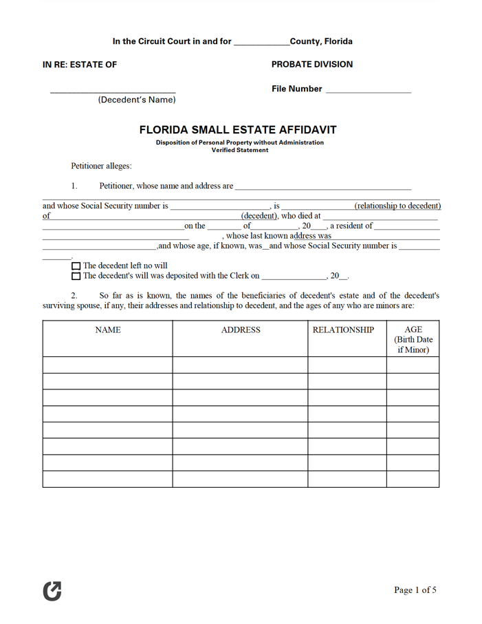 Florida Self Service Small Estate Affidavit Free Form 2023 PrintableAffidavitForm