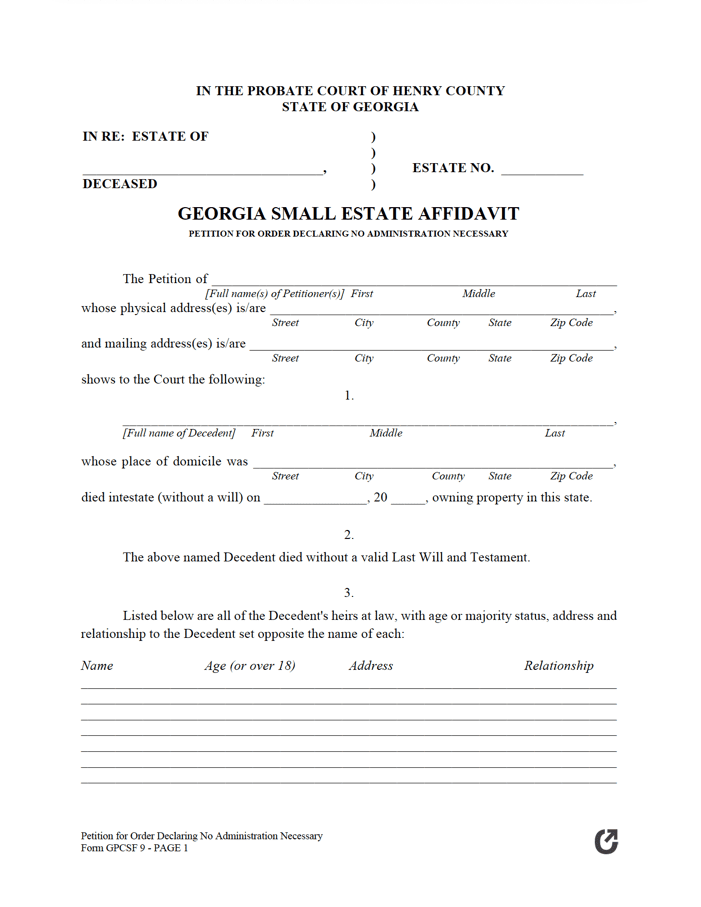 Free Georgia Small Estate Affidavit Form GPCSF 9 PDF WORD