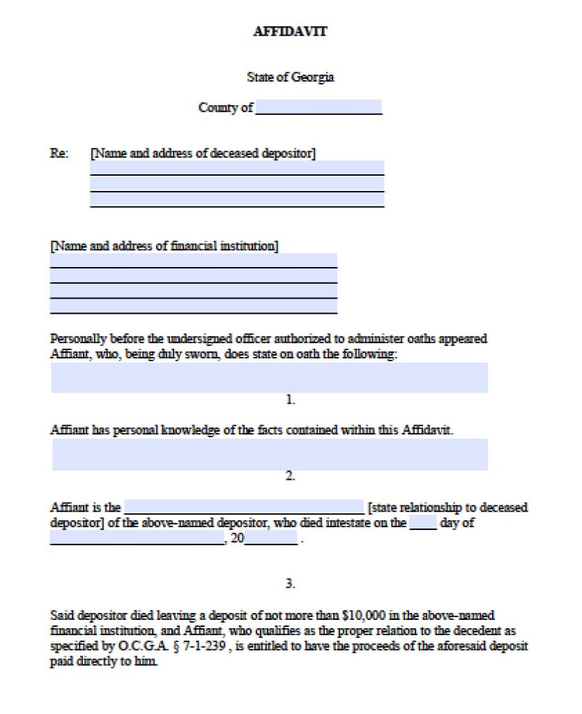 Free Georgia Small Estate Banking Affidavit Form PDF Word