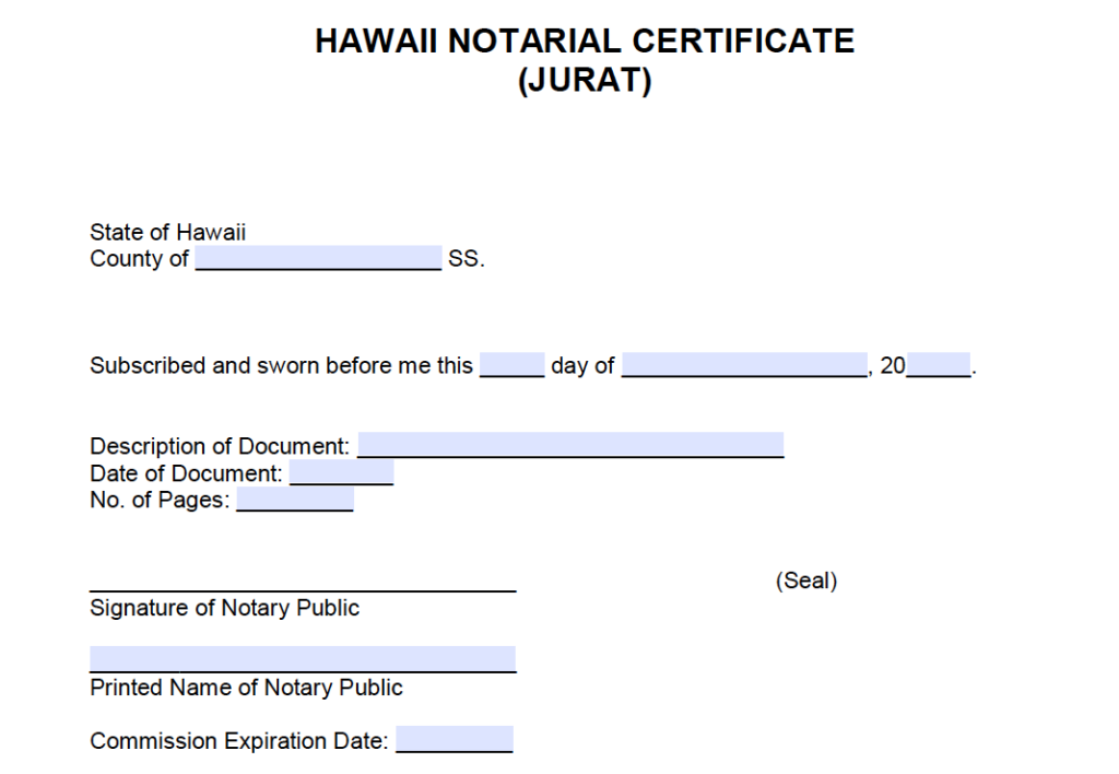 Free Hawaii Notarial Certificate Jurat PDF Word