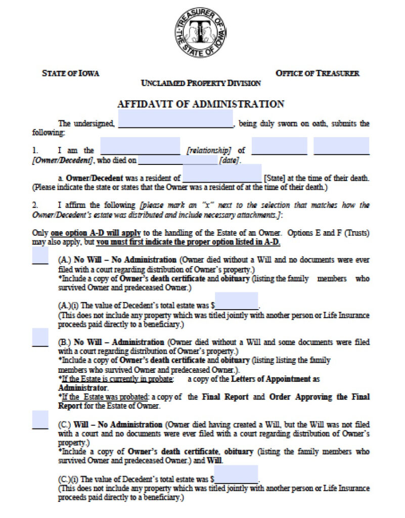 Free Iowa Small Estate Affidavit Form PDF Word