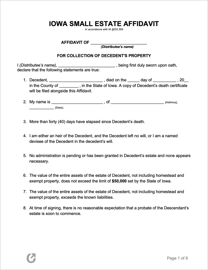 Free Iowa Small Estate Affidavit Form PDF WORD