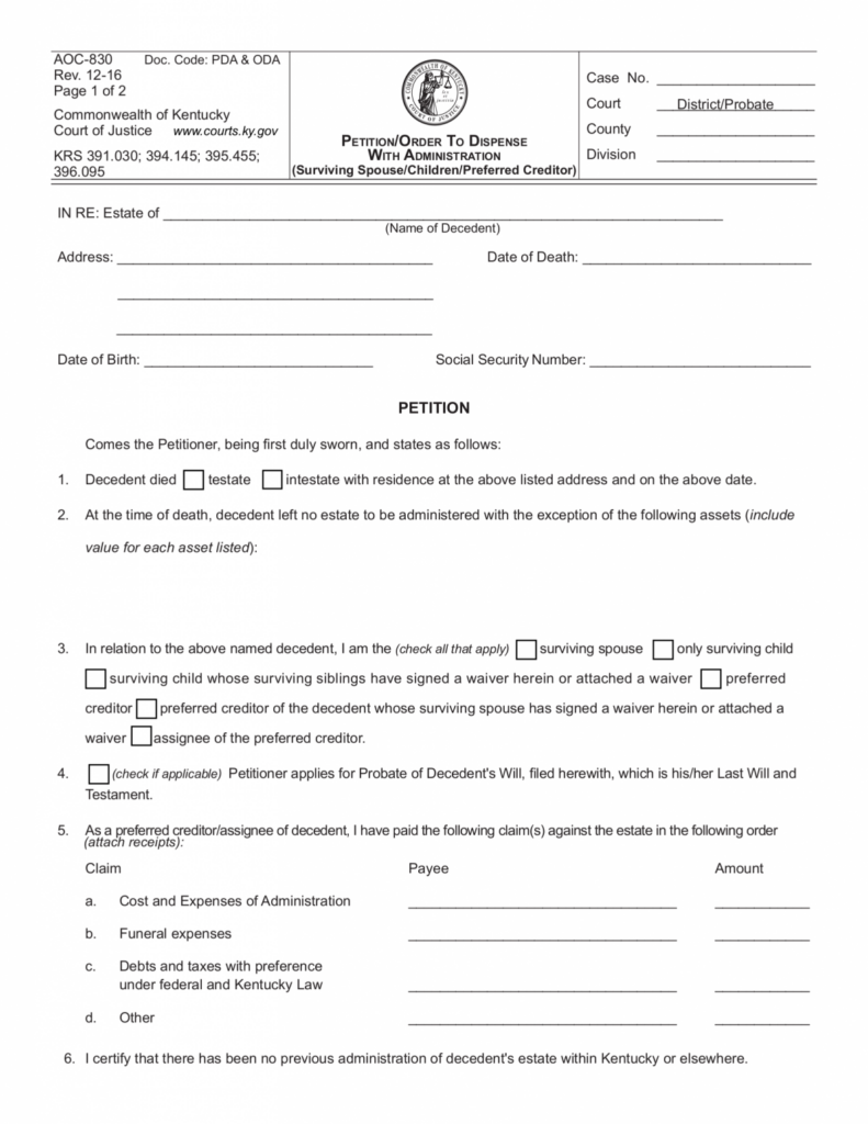 Free Kentucky Small Estate Affidavit Form AOC 830 PDF EForms