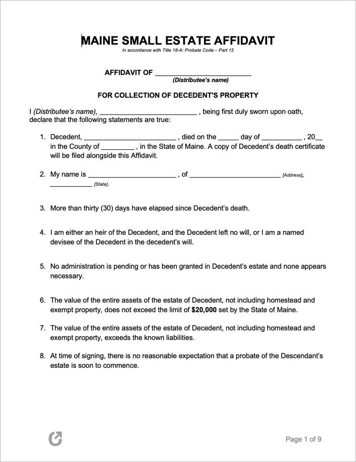 Free Maine Small Estate Affidavit Form PDF WORD