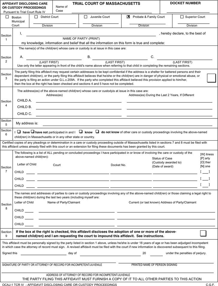 Massachusetts Probate Court Affidavit Form Child Support 2024