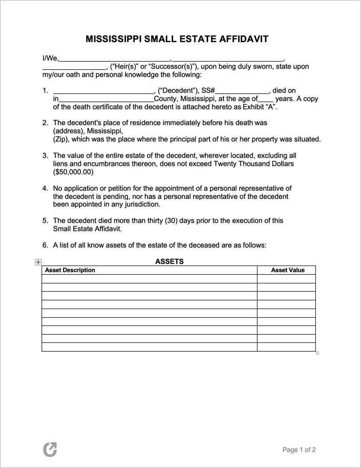 Free Mississippi Small Estate Affidavit Form PDF WORD