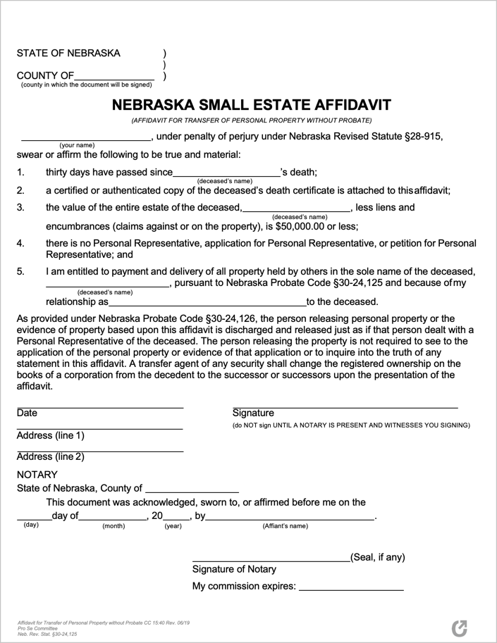 Free Nebraska Small Estate Affidavit Form CC 15 40 PDF WORD