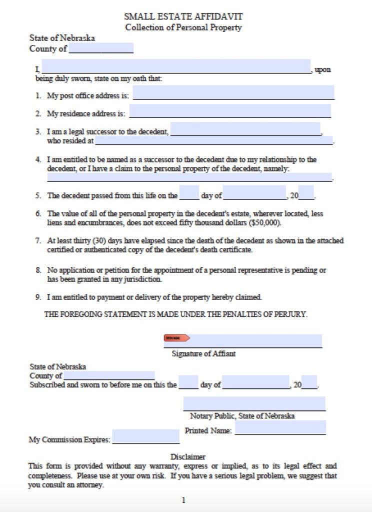 Free Nebraska Small Estate Affidavit Form PDF Word
