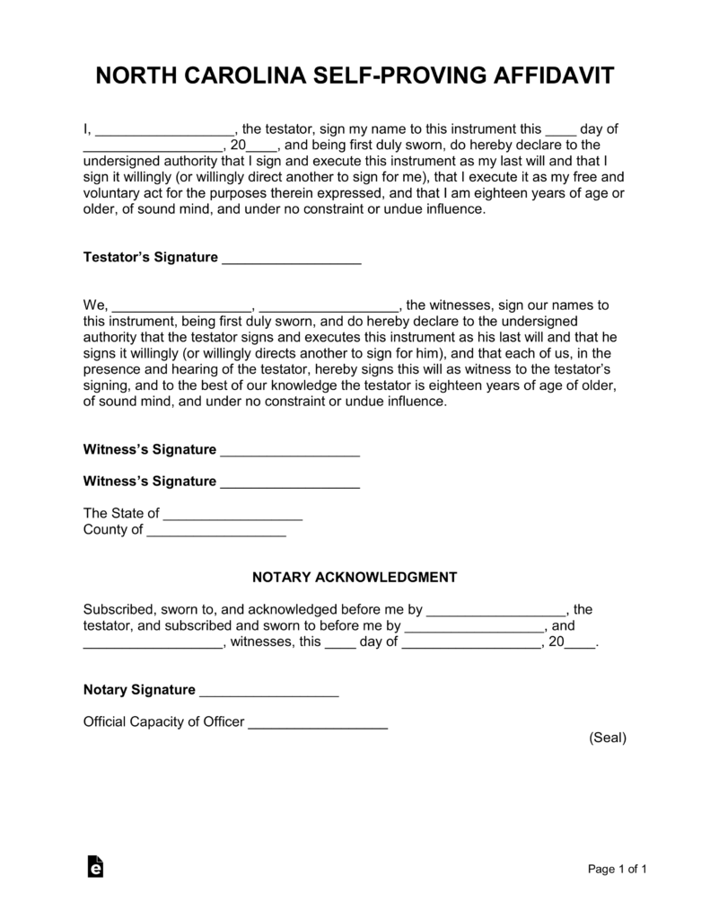 Free North Carolina Self Proving Affidavit Form PDF Word EForms