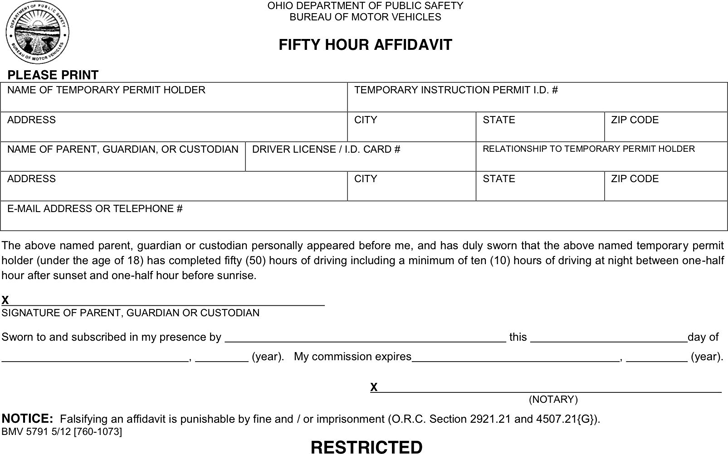 Free Ohio Fifty Hour Affidavit PDF 19KB 1 Page s 