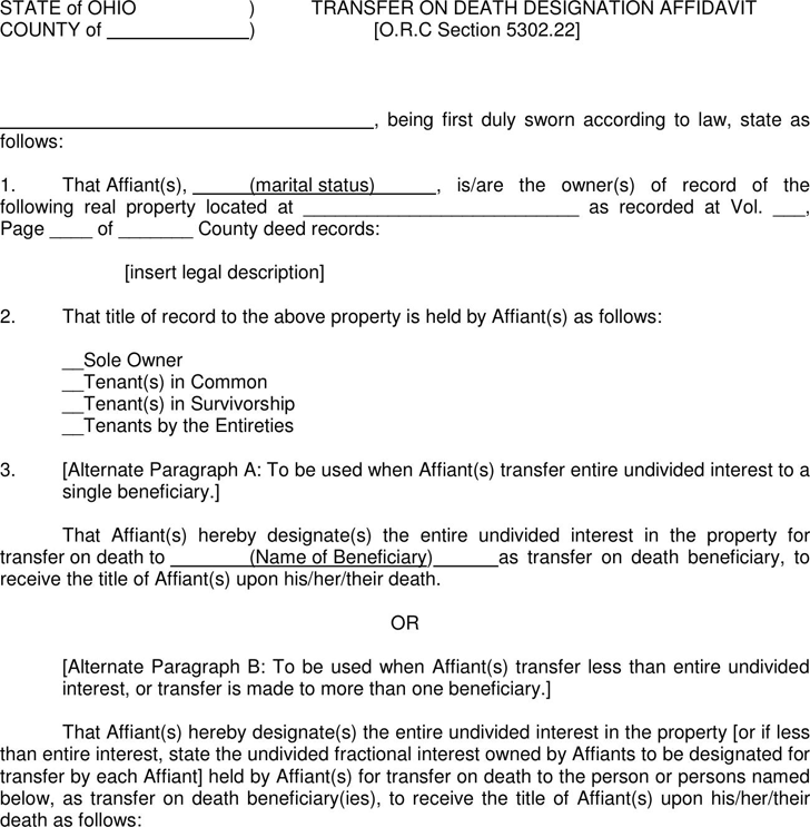 Free Ohio Transfer On Death Designation Affidavit PDF 12KB 2 Page s 