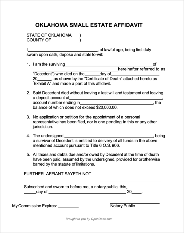 Free Oklahoma Small Estate Affidavit PDF WORD